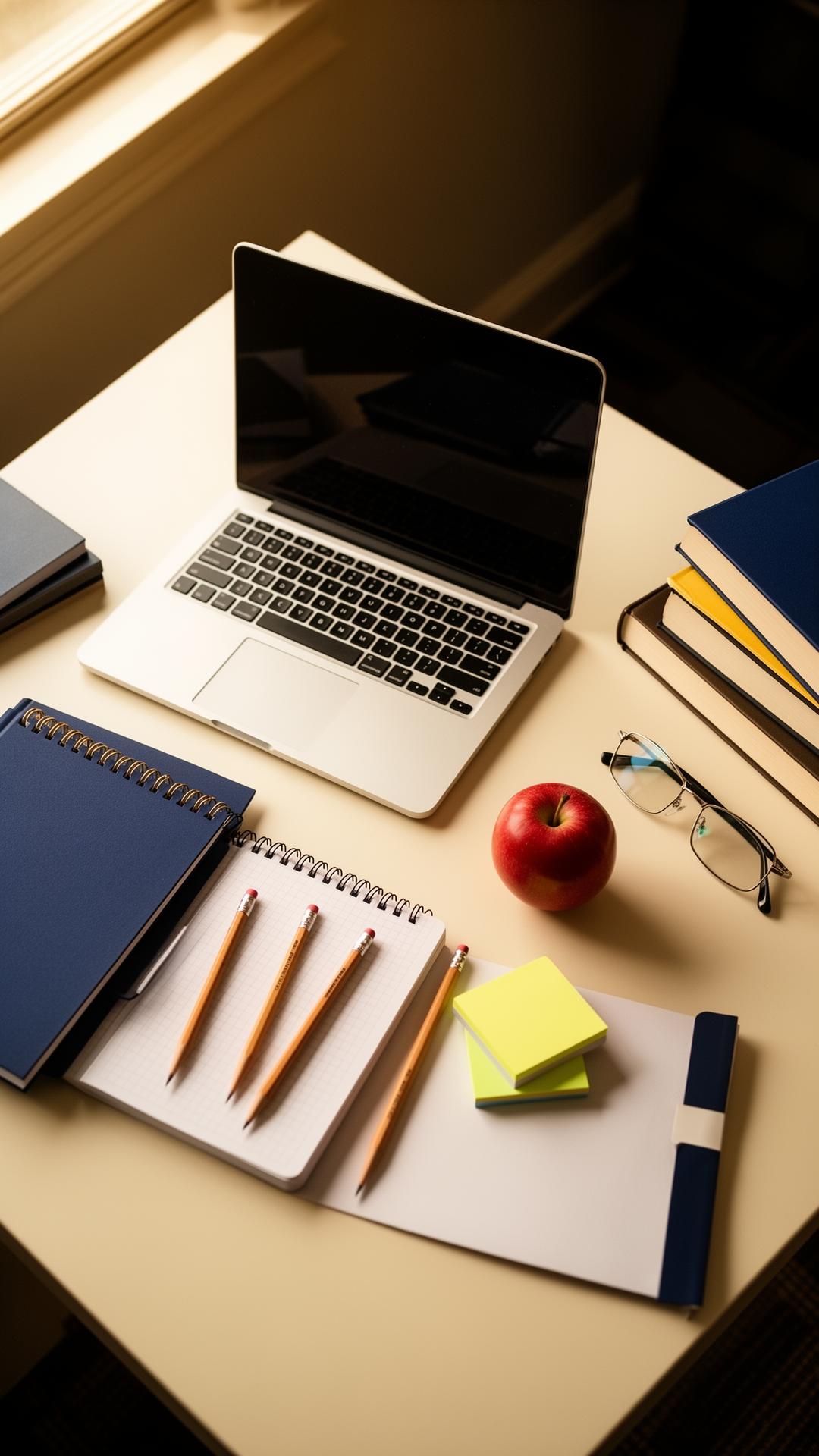 A teacher's desk with laptop, notebooks, pencils and school supplies
